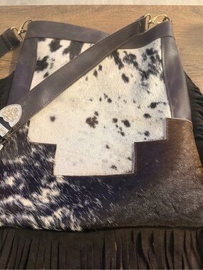 Leather & Cowhide Suede Fringe Crossbody Bag in Brown and White